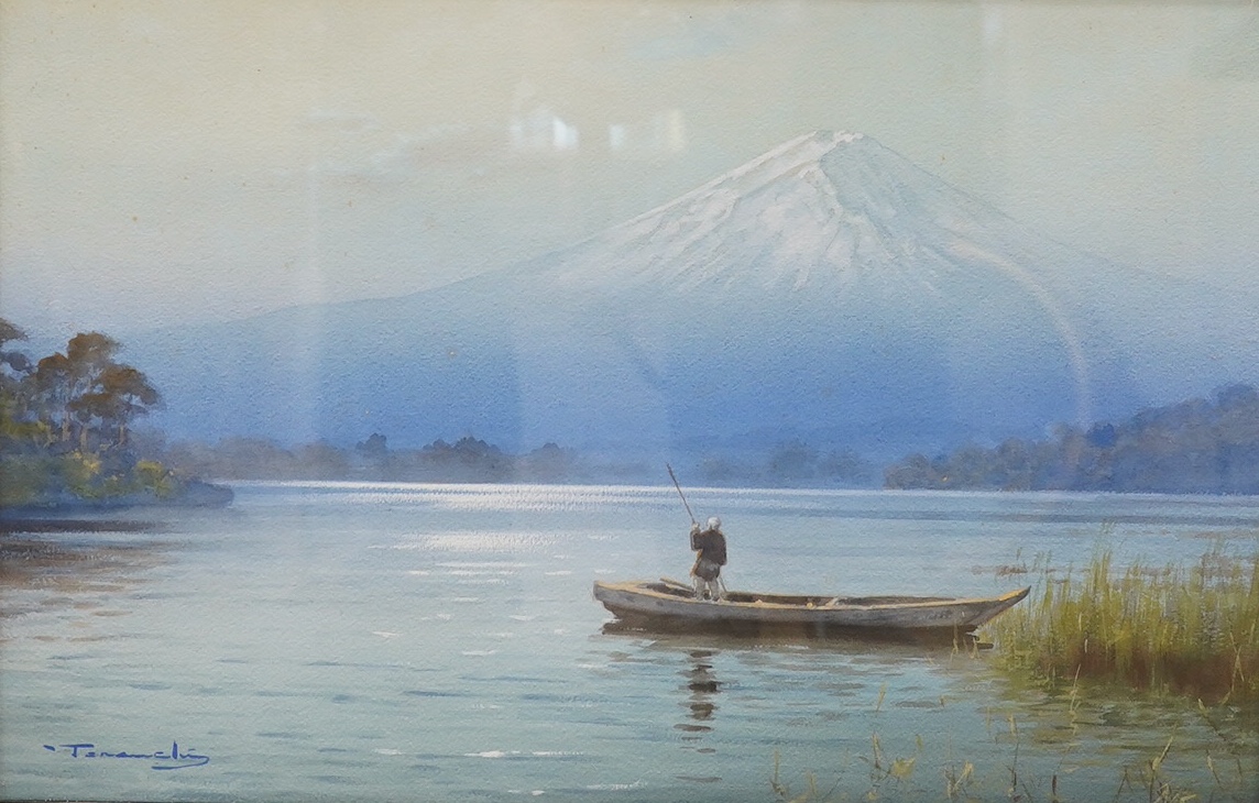 20th century Japanese School, watercolour, Fishermen before Mount Fuji, 31 x 49cm. Condition - fair, some spots of foxing